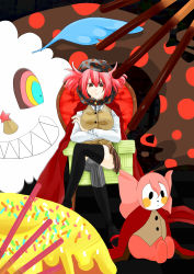 Rule 34 | 10s, breasts, brown eyes, cake, cape, chair, charlotte (madoka magica), crossed arms, crossed legs, doll, food, frown, highres, large breasts, magical girl, mahou shoujo madoka magica, mahou shoujo madoka magica (anime), night cherry girl, personification, pink hair, pleated skirt, pocky, sitting, skirt, solo, thighhighs