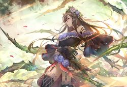 Rule 34 | 1girl, bare shoulders, blue flower, blue rose, breasts, brown hair, cleavage, closed mouth, commentary, dress, flower, from side, garter straps, gloves, granblue fantasy, hair between eyes, hair flower, hair ornament, highres, kakage, large breasts, long hair, plant, profile, purple eyes, rose, rosetta (granblue fantasy), solo, thighhighs, thorns