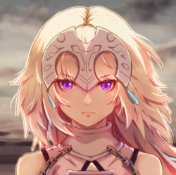 Rule 34 | 1girl, bare shoulders, blonde hair, blurry, blurry background, chain, cloud, cloudy sky, fate/apocrypha, fate (series), floating hair, frown, jeanne d&#039;arc (fate), jeanne d&#039;arc (ruler) (fate), jeanne d&#039;arc (third ascension) (fate), long hair, looking at viewer, lyra-kotto, portrait, purple eyes, sky, sleeveless, solo