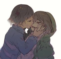 Rule 34 | 2others, androgynous, brown hair, chara (undertale), closed eyes, french kiss, frisk (undertale), hood, hoodie, kiss, licking, multiple others, open mouth, oshiruko (tsume), shirt, short hair, simple background, sketch, storyshift, striped clothes, striped shirt, striped sweater, sweater, undertale, undertale au