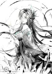 Rule 34 | 1girl, absurdres, artist request, backless dress, backless outfit, bare shoulders, breasts, closed mouth, doupo cangqiong, dress, from side, greyscale, gu xun er (doupo cangqiong), halo, hand up, highres, ink (medium), jewelry, large breasts, long hair, long sleeves, looking at viewer, monochrome, partially colored, second-party source, solo, traditional media, white background
