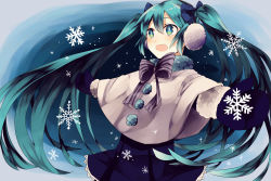 Rule 34 | 1girl, earmuffs, green eyes, green hair, hatsune miku, jjjtttjjj, long hair, matching hair/eyes, mittens, open mouth, outstretched arms, snowflakes, solo, spread arms, twintails, very long hair, vocaloid, yamada chickenko