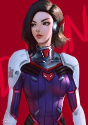 Rule 34 | 1girl, 2018, bodysuit, breasts, brown hair, character name, d.mon (overwatch), eyelashes, flipped hair, headphones, highres, lips, medium breasts, medium hair, nose, overwatch, overwatch 1, pilot suit, raikoart, red background, ribbed bodysuit, shoulder pads, signature, skin tight, solo