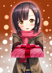 Rule 34 | 1girl, absurdres, asymmetrical bangs, black gloves, blunt bangs, blunt ends, blush, bob cut, box, brown coat, coat, commentary, fringe trim, gift, gift box, giving, gloves, hair ornament, hairclip, highres, holding, holding gift, hood, hood down, hooded coat, looking at viewer, open clothes, open coat, open mouth, original, pink scarf, scarf, short hair, smile, solo, standing, toggles, winter clothes, yamakamu