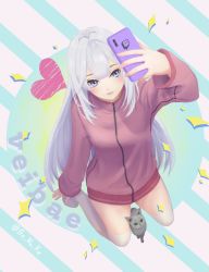 Rule 34 | 1girl, artist name, blue eyes, blush, cat, cellphone, character name, heart, holding, holding phone, indie virtual youtuber, jacket, logo, long hair, looking up, no pants, parted lips, phone, senoka, smartphone, smile, solo, thighhighs, track jacket, twitch.tv, vei (vtuber), vei (vtuber) (1st costume), very long hair, virtual youtuber, white hair