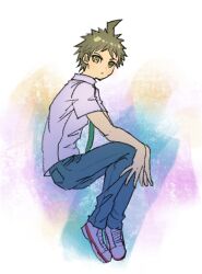 Rule 34 | 1boy, ahoge, black pants, brown eyes, brown hair, collared shirt, danganronpa (series), danganronpa 2: goodbye despair, from side, green necktie, grey shirt, highres, hinata hajime, invisible chair, looking to the side, multicolored background, necktie, pants, shirt, shoes, short hair, short sleeves, sitting, solo, youko-shima