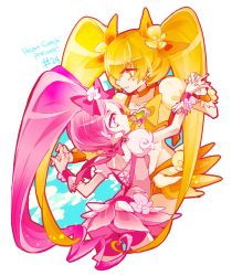Rule 34 | 10s, 2girls, blonde hair, bow, brooch, couple, cure blossom, cure sunshine, hanasaki tsubomi, heart, heart brooch, heartcatch precure!, holding hands, interlocked fingers, jewelry, long hair, midriff, multiple girls, myoudouin itsuki, orange bow, pink bow, pink eyes, pink hair, ponytail, precure, twintails, yellow background, yellow bow, yuri, yuucho (cololal)