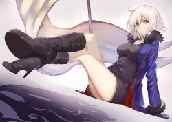 Rule 34 | 1girl, absurdres, ahoge, black dress, blue coat, boots, breasts, coat, commentary request, dress, dutch angle, fate/grand order, fate (series), flag, fur-trimmed sleeves, fur collar, fur trim, high heel boots, high heels, highres, jeanne d&#039;arc (fate), jeanne d&#039;arc alter (fate), jeanne d&#039;arc alter (ver. shinjuku 1999) (fate), kuen (kuennn12), medium breasts, official alternate costume, reclining, short hair, silver hair, sitting, solo, tsurime, wicked dragon witch ver. shinjuku 1999, yellow eyes