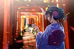 Rule 34 | 1girl, black hair, blue kimono, blurry, blurry background, commentary request, depth of field, eyeshadow, fingernails, flower, from side, hair flower, hair ornament, hairclip, hand up, horns, japanese clothes, kimono, long sleeves, makeup, nail polish, obi, oni, oni horns, original, outdoors, pink nails, red eyes, sash, single horn, someya mai, standing, torii, watch, wristwatch