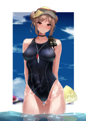 Rule 34 | 1girl, absurdres, alternate costume, arms behind back, bare shoulders, black choker, blue one-piece swimsuit, blue sky, blush, breasts, choker, closed mouth, collarbone, competition swimsuit, covered navel, double bun, eyewear on headwear, feet out of frame, girls&#039; frontline, hair bun, highres, light brown hair, looking at viewer, medium breasts, medium hair, on water, one-piece swimsuit, p90 (girls&#039; frontline), red eyes, rynn (rynn cube), simple background, sky, solo, standing, sunglasses, swimsuit, wet, wet clothes, wet face, wet swimsuit, whistle, whistle around neck, yellow headwear