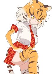 Rule 34 | 10s, 1girl, :3, adjusting clothes, adjusting legwear, animal ears, animal print, black hair, blush, breast pocket, commentary request, flying sweatdrops, guchico, kemono friends, multicolored hair, necktie, orange hair, plaid, plaid necktie, plaid neckwear, plaid skirt, plaid trim, pleated skirt, pocket, short hair, short sleeves, skirt, solo, tail, thighhighs, tiger (kemono friends), tiger ears, tiger print, tiger tail, white hair