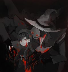 Rule 34 | 1girl, blood, blood on clothes, blood on face, blood on hands, glowing, glowing eyes, gravity falls, hat, highres, horror (theme), jiyeong, mabel pines, monochrome, red eyes, summerween trickster, witch hat