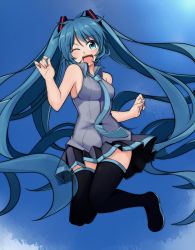 Rule 34 | 1girl, absurdres, aqua eyes, aqua hair, black footwear, black thighhighs, boots, detached sleeves, gradient background, hatsune miku, highres, kazenoko, long hair, looking at viewer, necktie, one eye closed, open mouth, skirt, solo, thigh boots, thighhighs, twintails, vocaloid, zettai ryouiki