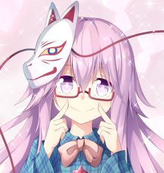 Rule 34 | 1girl, bespectacled, bow, bowtie, commentary request, fingersmile, fox mask, glasses, hata no kokoro, heart, long hair, long sleeves, looking at viewer, mask, nogisaka kushio, pink bow, pink bowtie, pink eyes, pink hair, plaid, plaid shirt, red-framed eyewear, semi-rimless eyewear, shirt, smile, solo, sparkle, touhou, under-rim eyewear, upper body, very long hair