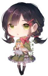 Rule 34 | black hair, bow, braid, chibi, commission, doll, dress, frills, green dress, green eyes, green hair, hair ornament, hairclip, holding, lilianei, looking at viewer, multicolored hair, open mouth, original, short hair, short twintails, stuffed toy, twintails