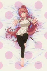 Rule 34 | 1girl, :d, absurdres, bad id, bad pixiv id, barefoot, bed sheet, beige sweater, black pants, breasts, brown hair, casual, commentary, cosplay, doki doki literature club, english commentary, foreshortening, from above, full body, green eyes, hair ribbon, highres, knife, long hair, looking at viewer, lying, medium breasts, monika (doki doki literature club), on back, open mouth, outstretched arms, p-nekoe, pants, ponytail, ribbed sweater, ribbon, smile, solo, sweater, very long hair, white ribbon, yuri (doki doki literature club), yuri (doki doki literature club) (cosplay)