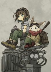 Rule 34 | 1boy, 1girl, aqua eyes, backpack, bag, black cat, brown footwear, brown hair, cat, closed mouth, collared shirt, goggles, goggles on head, green pants, grey background, grey cat, grey shirt, highres, holding, holding wrench, looking at viewer, looking down, original, pants, rabbit, red footwear, shimarisu yukichi, shirt, shoes, short hair, short sleeves, sitting, utility pole, wrench