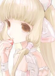 Rule 34 | 1girl, bare shoulders, blonde hair, brown eyes, chii, chobits, comiket 103, cropped, food, fruit, hair tubes, highres, holding, holding food, holding fruit, long hair, looking to the side, parted lips, portrait, robot ears, solo, strawberry, youyuu (melt yo103)