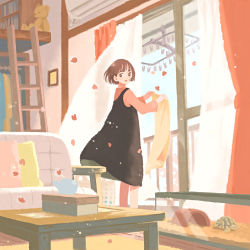 Rule 34 | 1girl, black dress, brown hair, couch, curtains, dress, highres, indoors, inoue haruka (haruharu210), ladder, leaf, open mouth, original, pink shirt, shirt, short hair, solo, stuffed animal, stuffed toy, table, teddy bear, tissue box, turtle, wide shot, wind