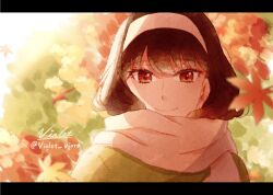 Rule 34 | 1girl, artist name, autumn leaves, black hair, blurry, blurry foreground, falling leaves, hairband, highres, leaf, letterboxed, looking at viewer, outdoors, red eyes, scarf, smile, solo, spy x family, twitter username, upper body, violet viora, white hairband, white scarf, yor briar