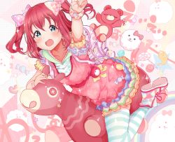 Rule 34 | 1girl, :d, aqua eyes, blush, bodystocking, collarbone, cotton candy ei-ei-oh!, dress, frilled dress, frilled sleeves, frills, hair between eyes, hair ribbon, highres, kurosawa ruby, kuzu kow, layered dress, love live!, love live! school idol festival, love live! sunshine!!, open mouth, petticoat, pink dress, raised eyebrows, red hair, ribbon, riding, scrunchie, short dress, short sleeves, skindentation, smile, solo, sparkling eyes, star-shaped pupils, star (symbol), striped clothes, striped thighhighs, stuffed animal, stuffed toy, symbol-shaped pupils, tareme, teddy bear, thighhighs, two side up, wrist scrunchie