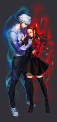 Rule 34 | 1boy, 1girl, ankle boots, aura, avengers: age of ultron, avengers (series), beard, black dress, black thighhighs, blue eyes, boots, brother and sister, brown hair, dress, facial hair, family, full body, glowing, glowing eye, glowing eyes, gorgeo, height difference, hetero, highres, holding hands, hug, interlocked fingers, jacket, lipstick, long hair, looking at viewer, makeup, marvel, marvel cinematic universe, nail polish, nose, parted bangs, pietro maximoff, quicksilver, red eyes, red hair, red jacket, scarlet witch, shoes, short dress, siblings, sideburns, silver hair, skin tight, sneakers, standing, stubble, thighhighs, track suit, twins, wanda maximoff, zettai ryouiki