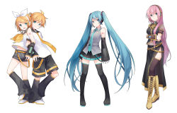 Rule 34 | 1boy, 3girls, amulet, aqua eyes, aqua hair, aqua nails, aqua necktie, arm warmers, armband, asymmetrical sleeves, back-to-back, bare shoulders, bass clef, belt, black collar, black legwear, black shirt, black shorts, black skirt, black sleeves, blonde hair, blouse, blue nails, boots, bow, closed mouth, collar, commentary, contrapposto, cross-laced footwear, derivative work, detached sleeves, expressionless, full body, gold footwear, gold trim, grey collar, grey shirt, grey shorts, hair bow, hair ornament, hairband, hairclip, hatsune miku, headphones, headset, highres, kagamine len, kagamine rin, knee boots, kuroi (liar-player), lace-up boots, leg up, leg warmers, long hair, long skirt, looking at viewer, megurine luka, midriff, midriff peek, miniskirt, multiple girls, nail polish, navel, neckerchief, necktie, open mouth, piano print, pink hair, pleated skirt, sailor collar, school uniform, see-through, see-through sleeves, shirt, short hair, short ponytail, short shorts, short sleeves, shorts, shoulder tattoo, side slit, single sleeve, skirt, sleeveless, sleeveless shirt, sleeves past wrists, smile, spiked hair, standing, swept bangs, tattoo, thigh boots, thighhighs, tie clip, treble clef, twintails, uneven sleeves, very long hair, vocaloid, vocaloid boxart pose, white background, white bow, white footwear, white shirt, yellow nails, yellow neckerchief, zettai ryouiki