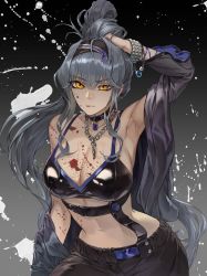 Rule 34 | 1girl, absurdres, arm up, armpits, bare shoulders, black background, black bra, black choker, black hairband, blood, blood on breasts, bra, bracelet, breasts, chain, chain necklace, choker, cleavage, gradient background, grey background, grey hair, grey jacket, hair between eyes, hairband, highres, jacket, jewelry, kirr rr, large breasts, long hair, long sleeves, looking at viewer, navel, necklace, open clothes, open jacket, original, red lips, solo, stomach, underwear, upper body, very long hair, yellow eyes