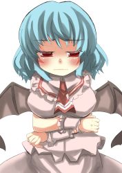 Rule 34 | 1girl, alternate breast size, ascot, bat wings, blue hair, blush, breast hold, breasts, gaoo (frpjx283), highres, large breasts, no headwear, no headwear, red eyes, remilia scarlet, skirt, skirt set, solo, touhou, wings, wrist cuffs