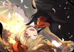 Rule 34 | 1girl, ascot, black skirt, black vest, blonde hair, closed eyes, cloud, darkness, facing viewer, fang, flying, gradient sky, hair ribbon, highres, light particles, long sleeves, miri (miri0xl), open hands, open mouth, outdoors, outstretched arms, petals, red ascot, ribbon, rumia, shirt, short hair, signature, skirt, sky, smile, solo, spread arms, star (sky), starry sky, sunset, touhou, twilight, upside-down, vest, white shirt, wing collar