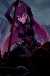 Rule 34 | 1girl, armor, blood, bodysuit, breasts, character name, covered navel, echo (circa), fate/grand order, fate (series), gae bolg (fate), hair between eyes, kneeling, large breasts, long hair, looking at viewer, pauldrons, polearm, purple bodysuit, purple hair, red eyes, scathach (fate), shoulder armor, spear, thighs, weapon