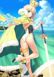 Rule 34 | 1girl, ankle ribbon, artoria pendragon (all), artoria pendragon (fate), artoria pendragon (swimsuit archer) (fate), artoria pendragon (swimsuit archer) (third ascension) (fate), ass, beach, blonde hair, braid, cape, casual one-piece swimsuit, cloud, cloudy sky, crown, day, excalibur (fate/stay night), fate/grand order, fate (series), green eyes, gun, high heels, holding, holding gun, holding weapon, leg ribbon, long hair, looking at viewer, looking back, ocean, official art, one-piece swimsuit, outdoors, ribbon, saber (fate), sky, solo, standing, swimsuit, takeuchi takashi, thigh ribbon, water gun, weapon, yellow ribbon