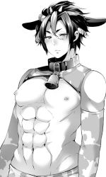 Rule 34 | 10s, 1boy, abs, all out!!, animal ears, bed, blush, collar, costume, funkasiahq, horns, looking at viewer, male focus, monochrome, muscular, nipples, pectorals, sekizan takuya, solo, sweat