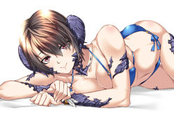 Rule 34 | 10s, 1girl, ass, au ra, bad id, bad pixiv id, bikini, blue bikini, bracelet, breast press, breasts, brown hair, buckle, cleavage, closed mouth, feathers, final fantasy, final fantasy xiv, hair between eyes, hair over one eye, horns, jewelry, looking at viewer, lying, nail polish, navel, on side, red eyes, scales, shirokuma a, short hair, smile, solo, swimsuit, thigh gap, white background, white nails