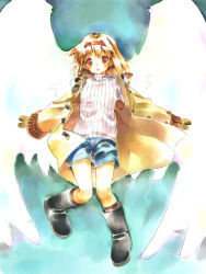 Rule 34 | 1girl, angel wings, bare legs, blue skirt, blush, boots, brown eyes, brown hair, coat, hairband, jacket, kanon, long hair, long sleeves, looking at viewer, miniskirt, mittens, open clothes, open jacket, outstretched arms, red eyes, shorts, skirt, solo, sweater, tsukimiya ayu, very long hair, wings