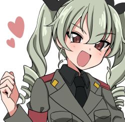 Rule 34 | 10s, 1girl, anchovy (girls und panzer), anzio military uniform, belt, black necktie, black ribbon, black shirt, clenched hand, commentary, dress shirt, drill hair, girls und panzer, green hair, grey jacket, hair ribbon, heart, jacket, long hair, long sleeves, looking at viewer, military, military uniform, necktie, open mouth, portrait, red eyes, ribbon, ruruepa, sam browne belt, shirt, simple background, smirk, solo, twin drills, twintails, uniform, v-shaped eyebrows, white background, wing collar