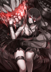 Rule 34 | 1girl, abyssal ship, battleship princess, black dress, black hair, breasts, colored skin, dress, grey skin, hair between eyes, highres, horns, kantai collection, large breasts, long hair, open mouth, pale skin, red eyes, revision, skin-covered horns, sleeveless, sleeveless dress, teeth, very long hair, zombie mogura