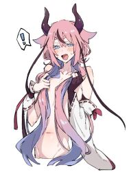 Rule 34 | !, azuma shino, blue eyes, cowboy shot, demon horns, detached sleeves, flat chest, hair censor, horns, long hair, meika hime, nude, pink hair, very long hair, vocaloid, white background