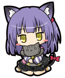 Rule 34 | 1girl, animal ears, bad id, bad pixiv id, bell, black skirt, blush stickers, bow, cat ears, cat girl, cat tail, character request, chibi, covered mouth, emil chronicle online, full body, japanese clothes, jingle bell, long hair, long sleeves, looking at viewer, hugging object, pink bow, pink shirt, purple hair, ri-net, shirt, simple background, skirt, solo, striped, stuffed animal, stuffed cat, stuffed toy, tail, tail bow, tail ornament, white background, white footwear, yellow eyes