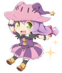 Rule 34 | 1girl, :d, black capelet, black pantyhose, blush, boots, bracelet, capelet, chibi, commentary request, dress, full body, green eyes, hair between eyes, hand on headwear, hand up, hat, hat ornament, jewelry, long hair, looking to the side, mijumaruko, open mouth, pantyhose, pico (rune factory), purple dress, purple hair, rune factory, rune factory 4, simple background, smile, solo, sparkle, standing, star (symbol), star hat ornament, white background, witch hat
