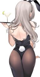 Rule 34 | 1girl, animal ears, ass, back, bare shoulders, black leotard, black pantyhose, commentary, cup, drinking glass, fake animal ears, fake tail, from behind, grey hair, highres, holding, holding tray, leotard, long hair, original, pantyhose, playboy bunny, rabbit ears, rabbit tail, ry thae, sanyu (ry thae), simple background, solo, strapless, strapless leotard, tail, tray, upper body, white background, white wrist cuffs, wrist cuffs