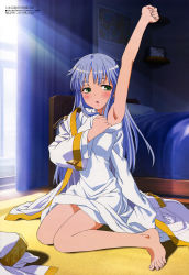 Rule 34 | 00s, 1girl, absurdres, arm up, armpits, barefoot, bed, bedroom, blue hair, blush, calendar, clock, curtains, face, feet, female focus, fingernails, green eyes, highres, index (toaru majutsu no index), indoors, legs, long hair, long sleeves, looking at viewer, megami magazine, non-web source, official art, open mouth, outstretched arm, robe, safety pin, scan, sitting, solo, sunlight, tanaka yuuichi, toaru majutsu no index, toes, undressing, uniform, window