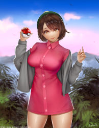 Rule 34 | 1girl, artist name, bird, breasts, brown eyes, brown hair, cardigan, collared dress, cowboy shot, creatures (company), day, dress, easonx, game freak, gloria (pokemon), green hat, grey sweater, hat, highres, holding, holding poke ball, large breasts, long sleeves, looking at viewer, nintendo, off shoulder, open cardigan, open clothes, outdoors, pink dress, poke ball, pokemon, pokemon swsh, short dress, short hair, smile, solo, sweater, tam o&#039; shanter, yellow eyes