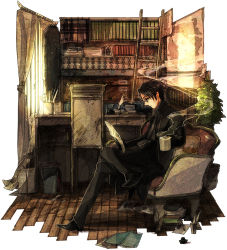 Rule 34 | 1boy, book, chair, crossed legs, cup, glasses, inkwell, kunimitsu (9nimi2), ladder, male focus, open book, pixiv fantasia, pixiv fantasia 4, quill, reading, sitting, solo, steam