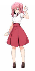 Rule 34 | 1girl, blush, breasts, brown footwear, closed mouth, copyright request, full body, hair between eyes, head tilt, high-waist skirt, highres, loafers, looking at viewer, medium breasts, pink hair, pleated skirt, puffy short sleeves, puffy sleeves, purple eyes, red skirt, shin&#039;ya (shin&#039;yanchi), shoes, short sleeves, simple background, skirt, smirk, solo, standing, twintails, v-shaped eyebrows, white background, wrist cuffs