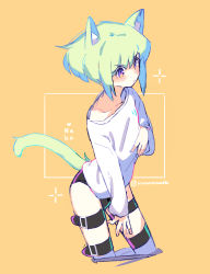 Rule 34 | 1boy, absurdres, androgynous, animal ears, black panties, blush, cat boy, cat ears, cat tail, closed mouth, collarbone, green hair, highres, instanttnoodle, lio fotia, long sleeves, male focus, orange background, panties, promare, purple eyes, shirt, short hair, sidelocks, solo, tail, thigh strap, twitter username, underwear, white shirt