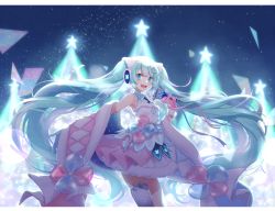 Rule 34 | 1girl, absurdly long hair, aqua eyes, aqua hair, asagao minoru, asymmetrical gloves, asymmetrical legwear, backlighting, bare shoulders, bell, blue gloves, blue thighhighs, bow, christmas tree, commentary, cowboy shot, detached sleeves, dress, dress bow, floating hair, fur-trimmed dress, fur-trimmed gloves, fur-trimmed headwear, fur-trimmed sleeves, fur trim, gloves, glowing, hatsune miku, highres, holding, holding bell, long hair, looking at viewer, magical mirai (vocaloid), magical mirai miku, magical mirai miku (2020 winter), mismatched gloves, night, night sky, open mouth, pink gloves, single thighhigh, sky, smile, solo, star (sky), star (symbol), starry sky, thighhighs, twintails, uneven legwear, very long hair, vocaloid, wide sleeves