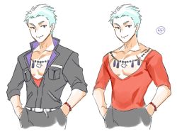 Rule 34 | 1boy, 5 (1boshi), bead bracelet, bead necklace, beads, blue hair, bracelet, collarbone, hands in pockets, idolmaster, idolmaster side-m, jewelry, jumpsuit, kuzunoha amehiko, long sleeves, male focus, necklace, pectoral cleavage, pectorals, popped collar, red shirt, shirt, simple background, smile, solo, v-neck, white background