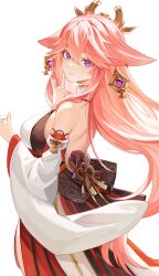 Rule 34 | 1girl, absurdres, animal ears, bare back, bare shoulders, breasts, chen ying (alan-yut), commentary, detached sleeves, fox ears, genshin impact, highres, large breasts, long hair, long sleeves, looking at viewer, nontraditional miko, pink hair, purple eyes, red skirt, shirt, simple background, skirt, smile, solo, upper body, very long hair, white background, white shirt, yae miko