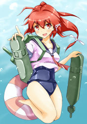 Rule 34 | 10s, 1girl, :d, ahoge, hair ribbon, i-168 (kancolle), kantai collection, lifebuoy, long hair, looking at viewer, low-tied long hair, mossman, neckerchief, open mouth, ponytail, red eyes, red hair, ribbon, sailor collar, school swimsuit, school uniform, serafuku, smile, solo, swim ring, swimsuit, swimsuit under clothes, torpedo, underwater